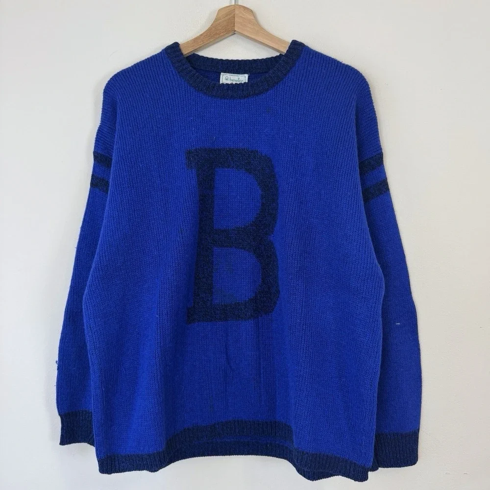 Vintage 80's Benetton Varsity Sweater Made in Italy 100% Shetland Wool - Large